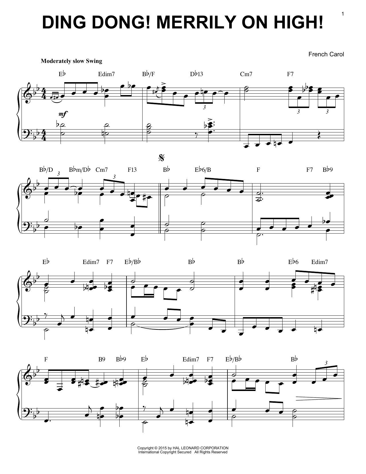 French Carol Ding Dong! Merrily On High! [Jazz version] (arr. Brent Edstrom) sheet music notes and chords arranged for Piano Solo