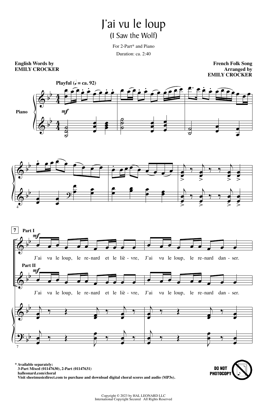 French Folk Song J'ai Vu Le Loup (I Saw The Wolf) (arr. Emily Crocker) sheet music notes and chords arranged for 2-Part Choir