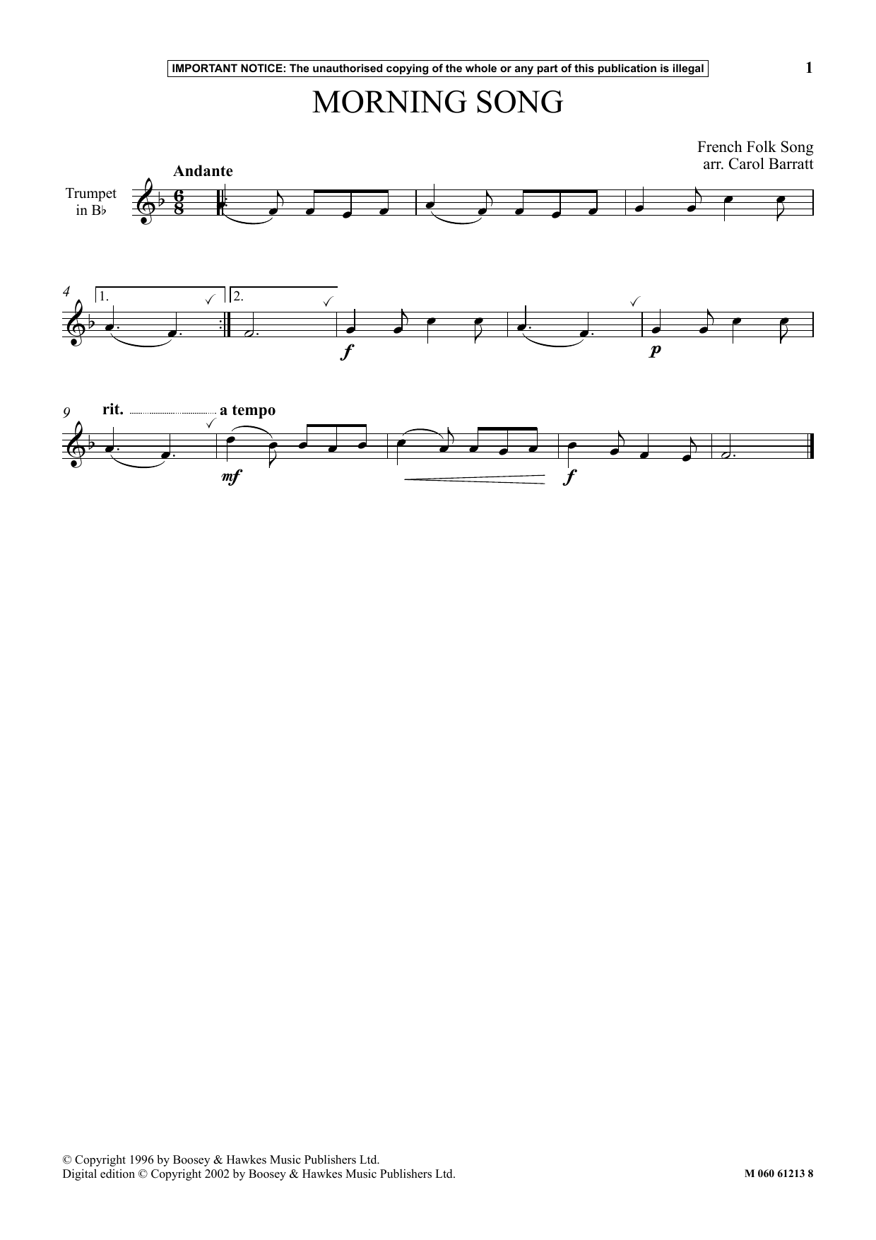 French Folk Song Morning Song sheet music notes and chords arranged for Instrumental Solo
