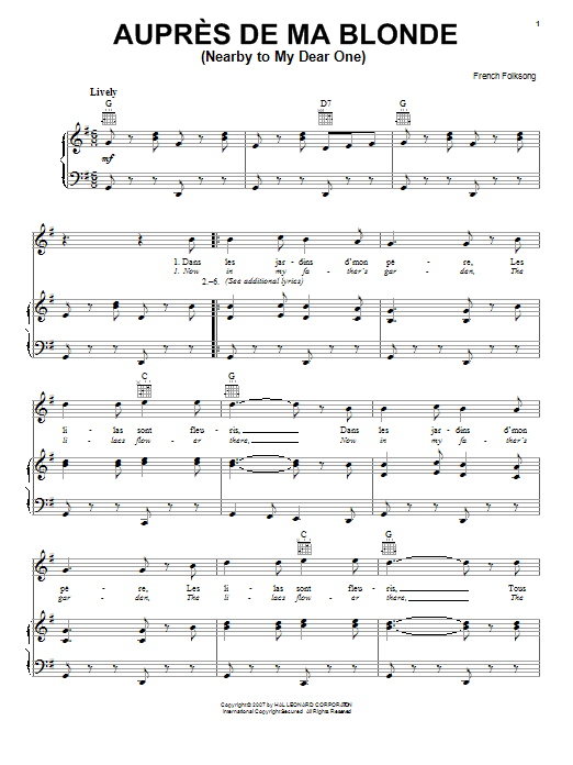 French Folksong Aupres De Ma Blonde (Nearby To My Dear One) sheet music notes and chords arranged for Piano, Vocal & Guitar Chords (Right-Hand Melody)