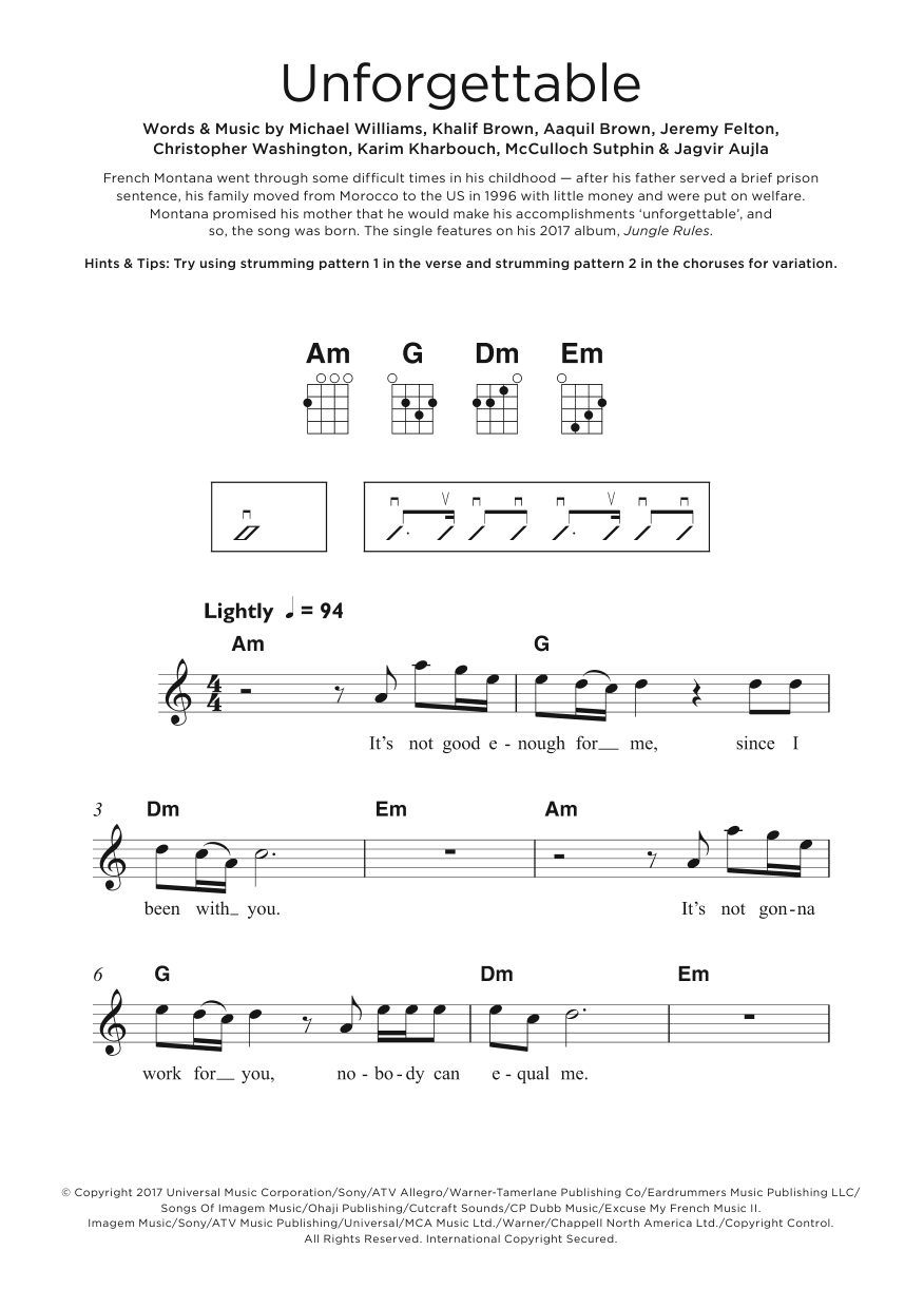 French Montana Unforgettable (featuring Swae Lee) sheet music notes and chords arranged for Ukulele