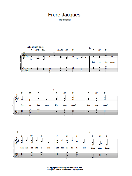 Traditional Frere Jacques (Are You Sleeping?) sheet music notes and chords arranged for Easy Piano