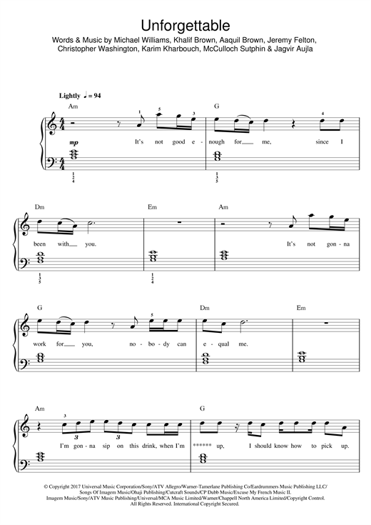 French Montana Unforgettable (feat. Swae Lee) sheet music notes and chords arranged for Beginner Piano