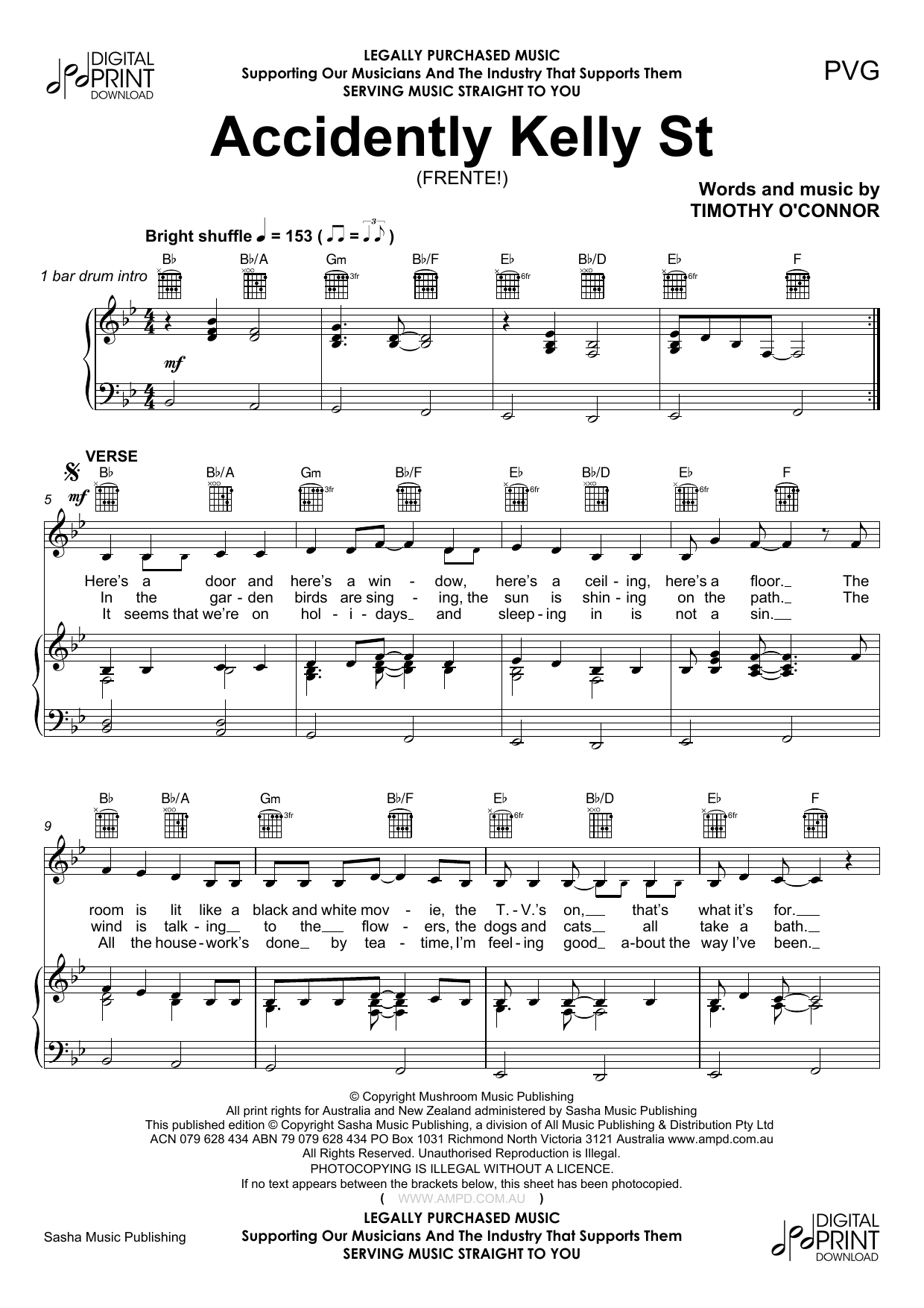 Frente Accidently Kelly St sheet music notes and chords arranged for Piano, Vocal & Guitar Chords (Right-Hand Melody)