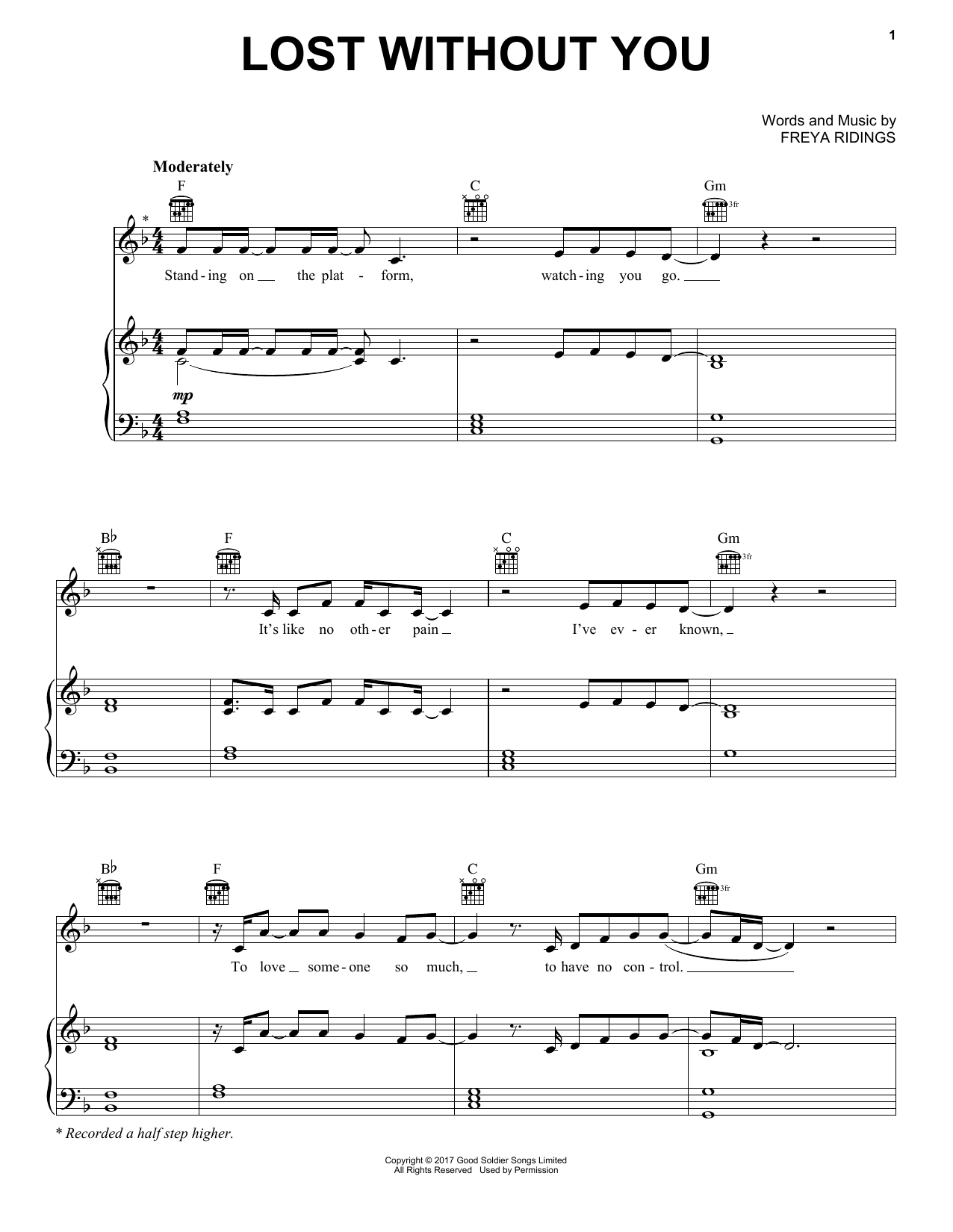 Freya Ridings Lost Without You sheet music notes and chords arranged for Piano, Vocal & Guitar Chords (Right-Hand Melody)