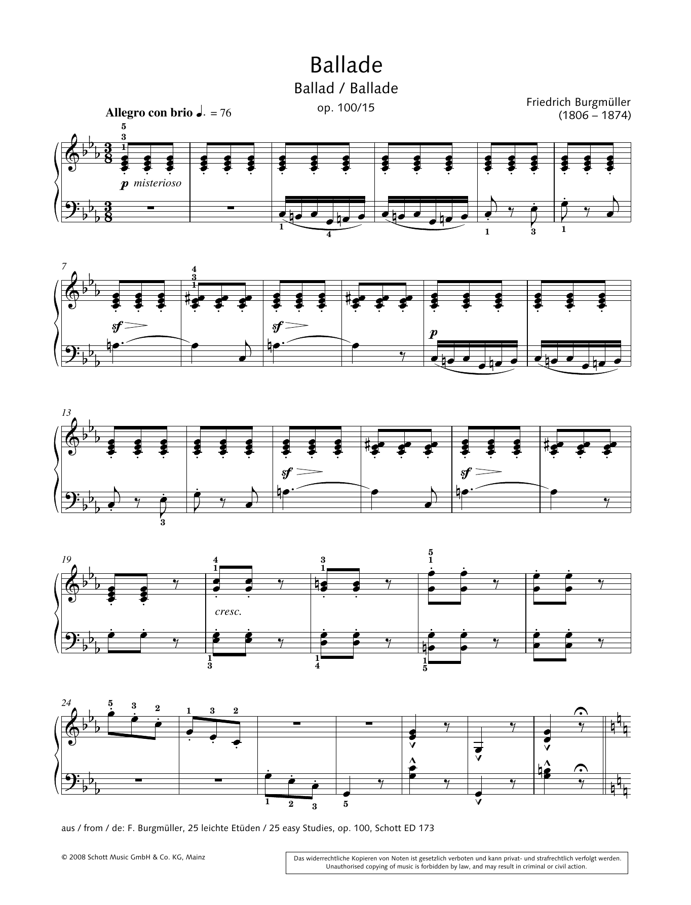Friedrich Burgmuller Ballad sheet music notes and chords arranged for Piano Solo