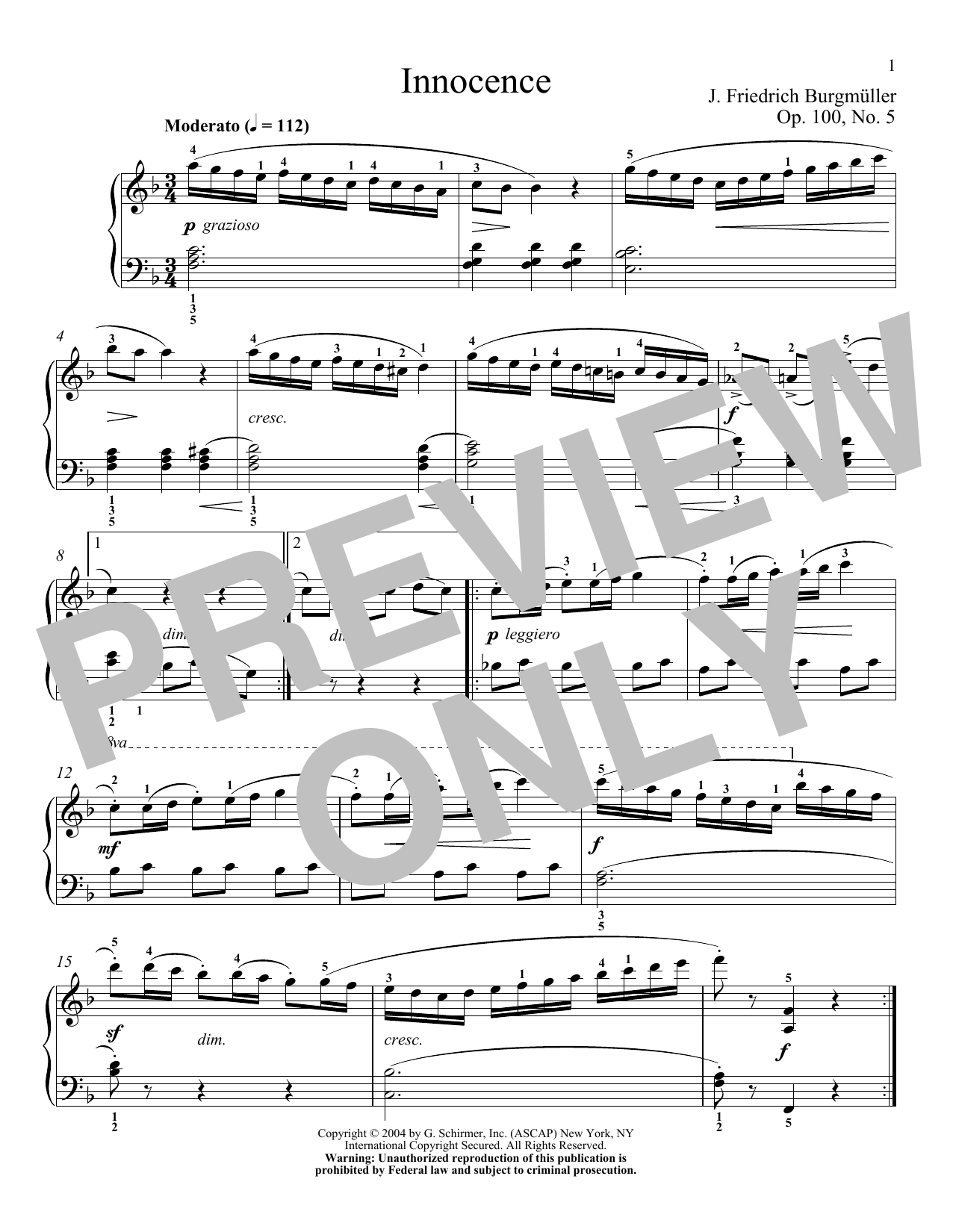 Friedrich Burgmuller Innocence, Op. 100, No. 5 sheet music notes and chords arranged for Piano Solo