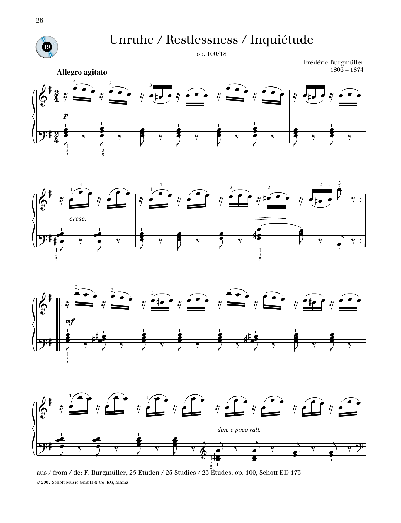 Friedrich Burgmuller Restlessness sheet music notes and chords arranged for Piano Solo