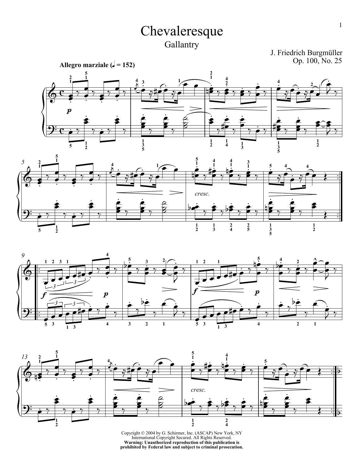 Friedrich Burgmuller Spirit Of Chivalry (La Chevaleresque), Op. 100, No. 2 sheet music notes and chords arranged for Piano Solo