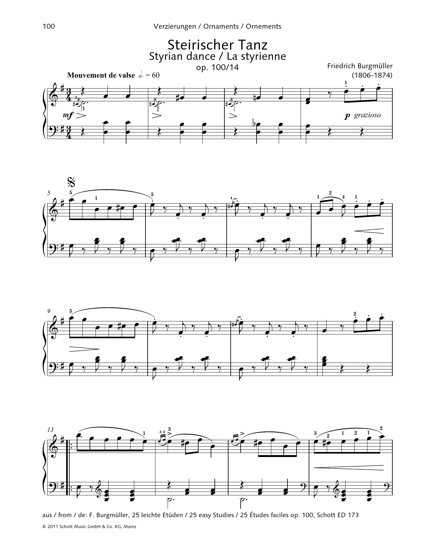 Friedrich Burgmuller Styrian Dance Op. 100 No. 14 sheet music notes and chords arranged for Piano Solo