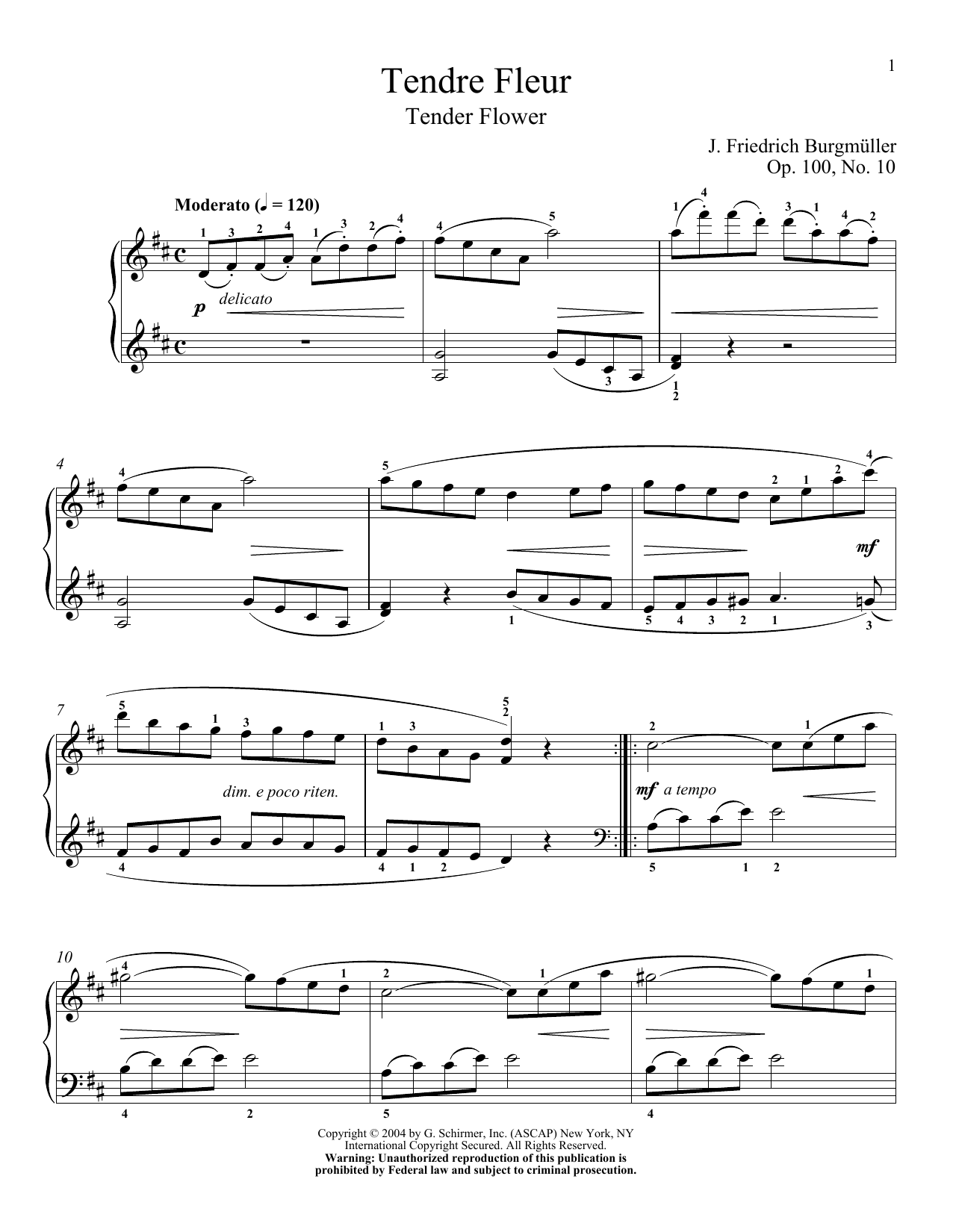 Friedrich Burgmuller Tender Blossom (Tender Fleur), Op. 100, No. 10 sheet music notes and chords arranged for Piano Solo