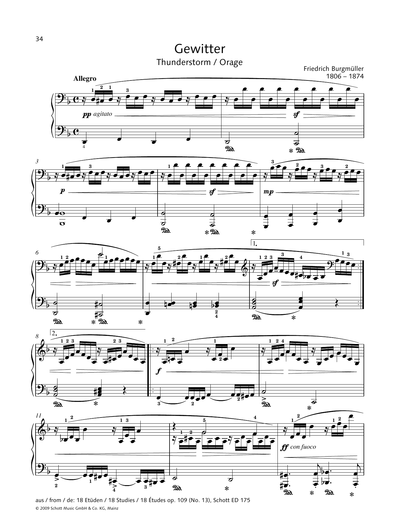 Friedrich Burgmuller Thunderstorm sheet music notes and chords arranged for Piano Solo