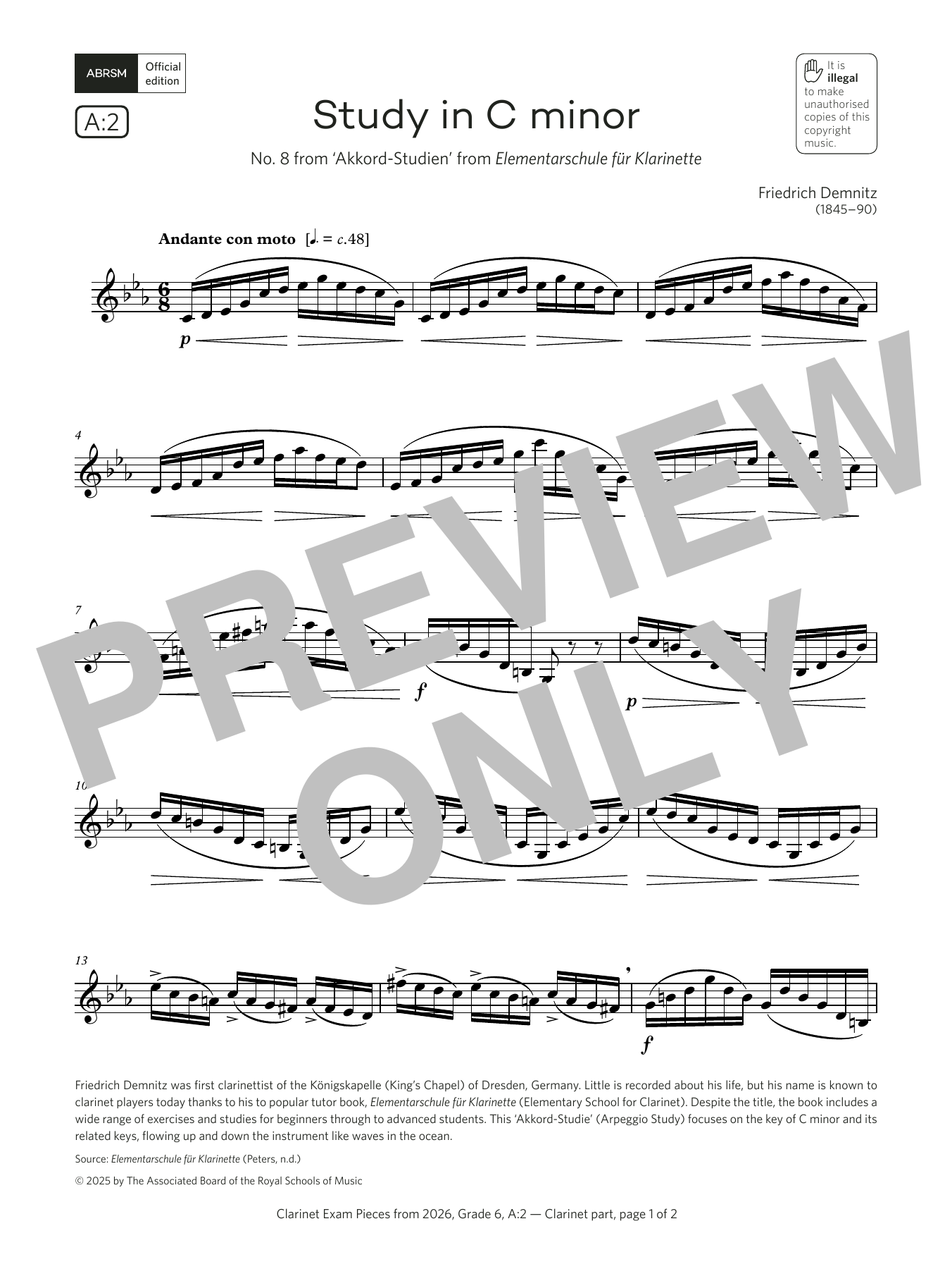 Friedrich Demnitz Study in C minor (Grade 6, list A2, from the ABRSM Clarinet Syllabus from 2026) sheet music notes and chords arranged for Clarinet Solo