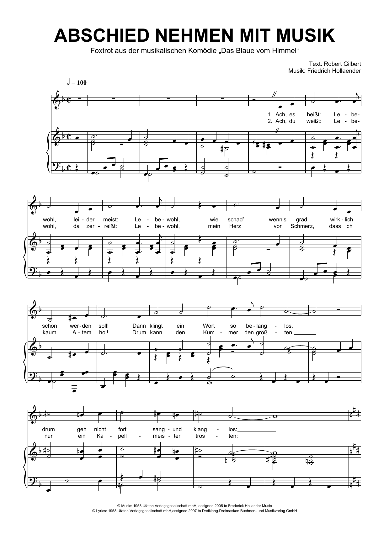 Friedrich Hollaender Abschiednehmen Mit Musik sheet music notes and chords arranged for Piano & Vocal