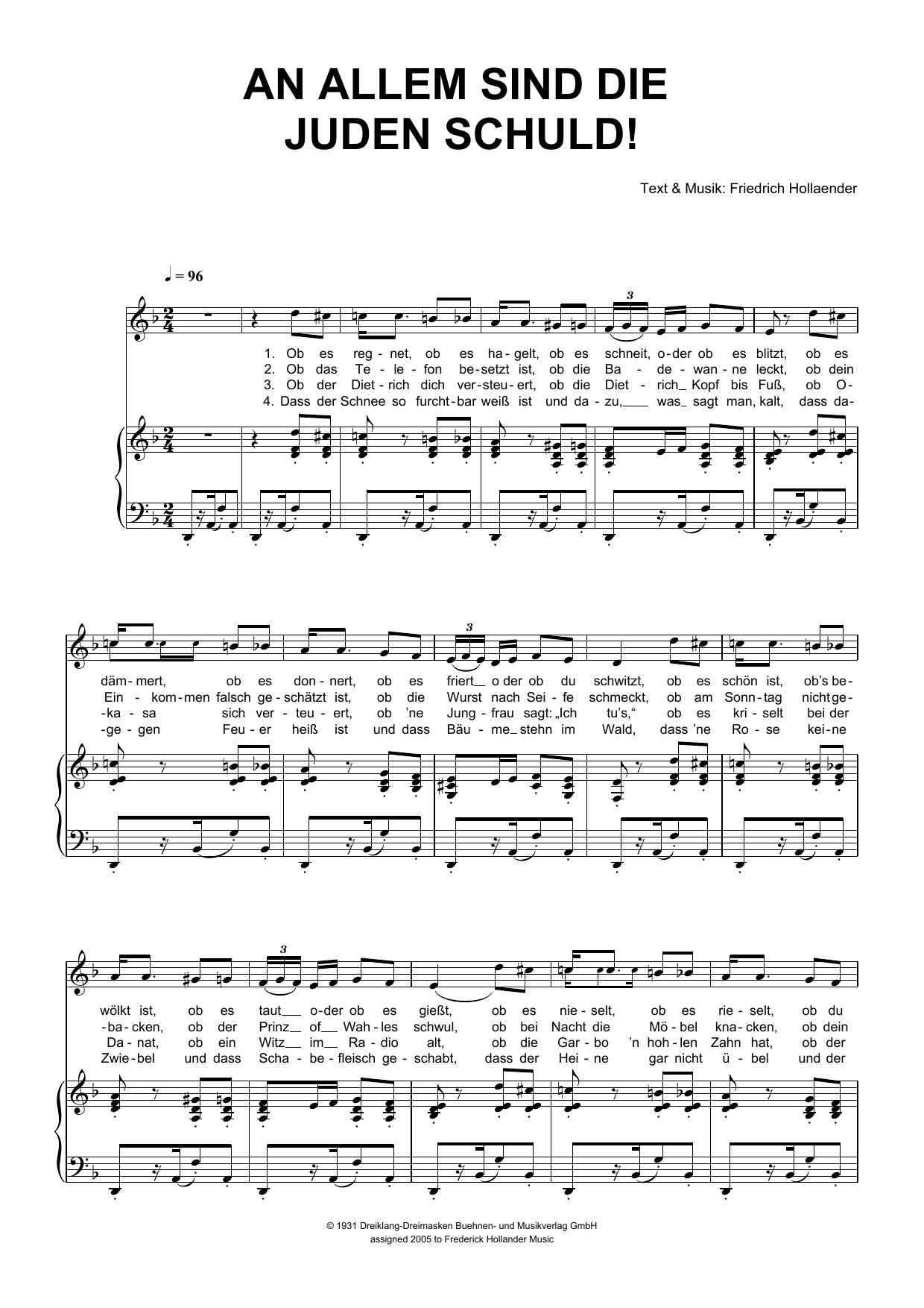 Friedrich Hollaender An Allem Sind Die Juden Schuld! sheet music notes and chords arranged for Piano & Vocal