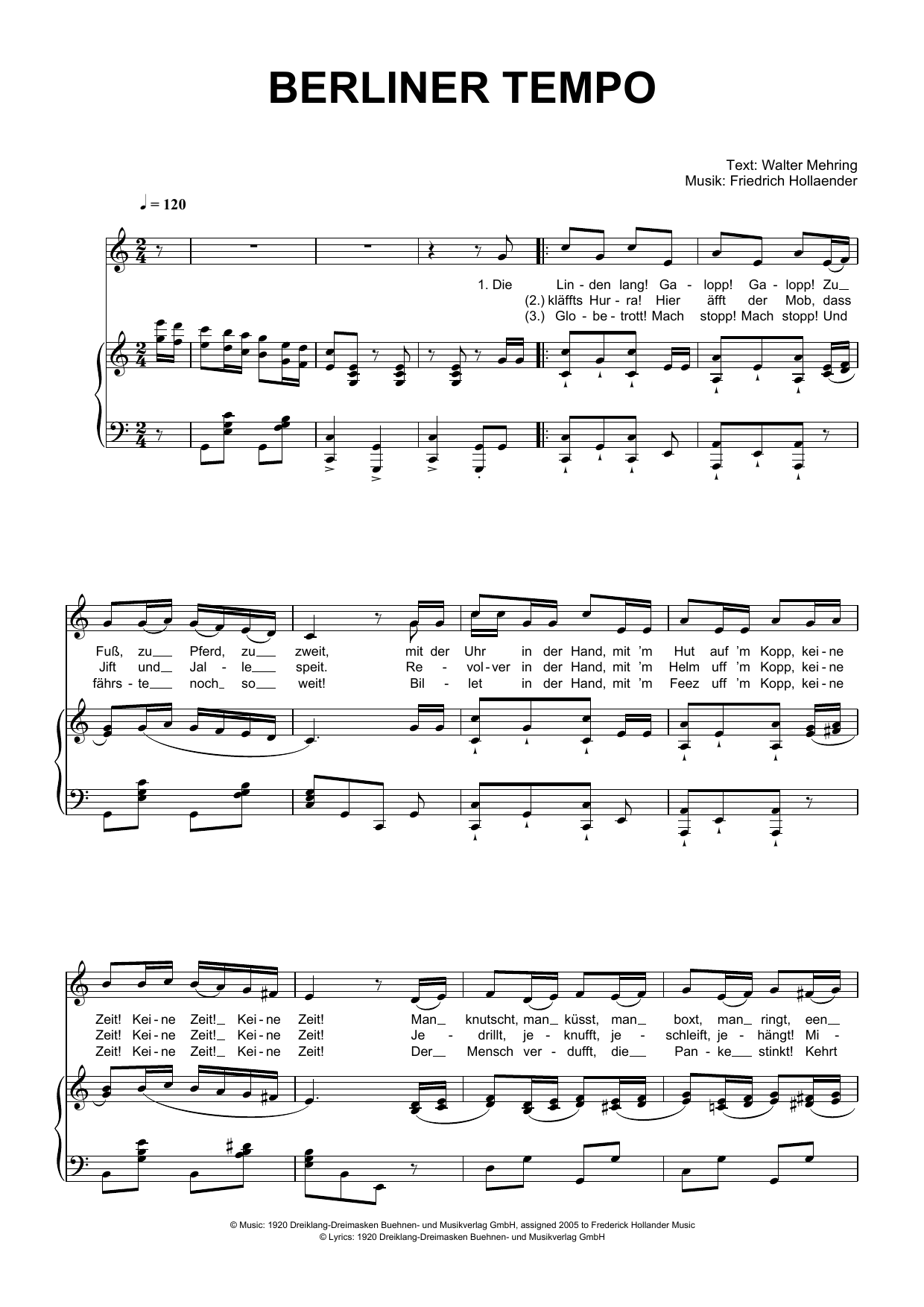 Friedrich Hollaender Berliner Tempo sheet music notes and chords arranged for Piano & Vocal