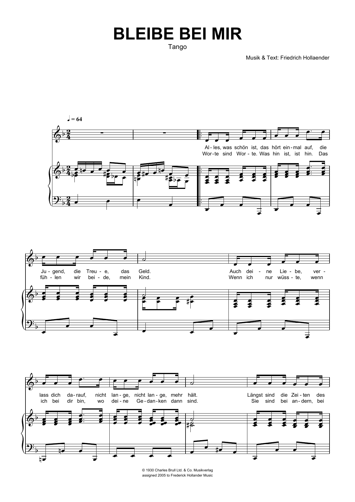 Friedrich Hollaender Bleibe Bei Mir sheet music notes and chords arranged for Piano & Vocal
