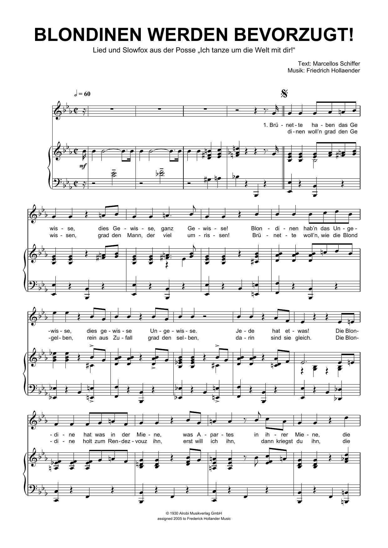Friedrich Hollaender Blondinen Werden Bevorzugt! sheet music notes and chords arranged for Piano & Vocal