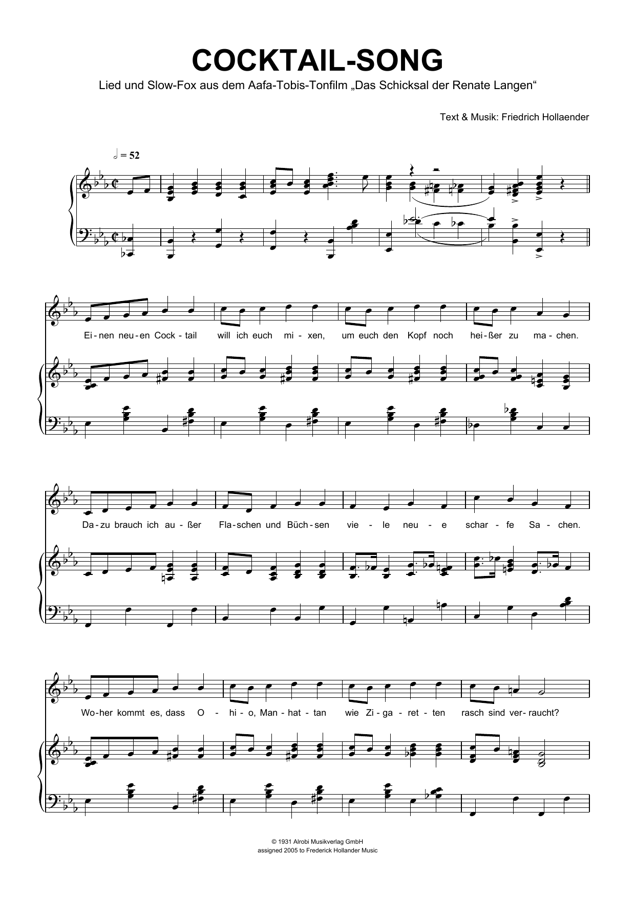Friedrich Hollaender Cocktail-Song sheet music notes and chords arranged for Piano & Vocal