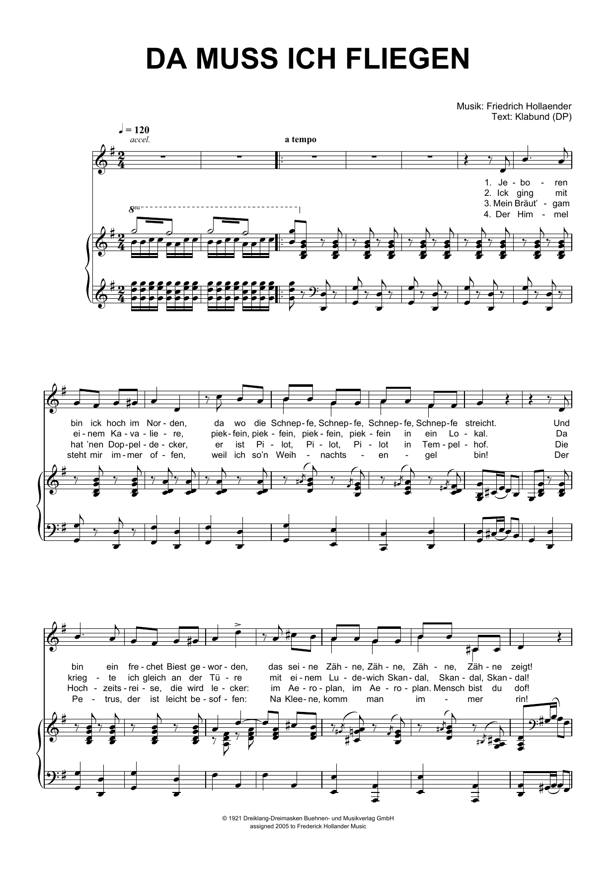 Friedrich Hollaender Da Muss Ich Fliegen sheet music notes and chords arranged for Piano & Vocal
