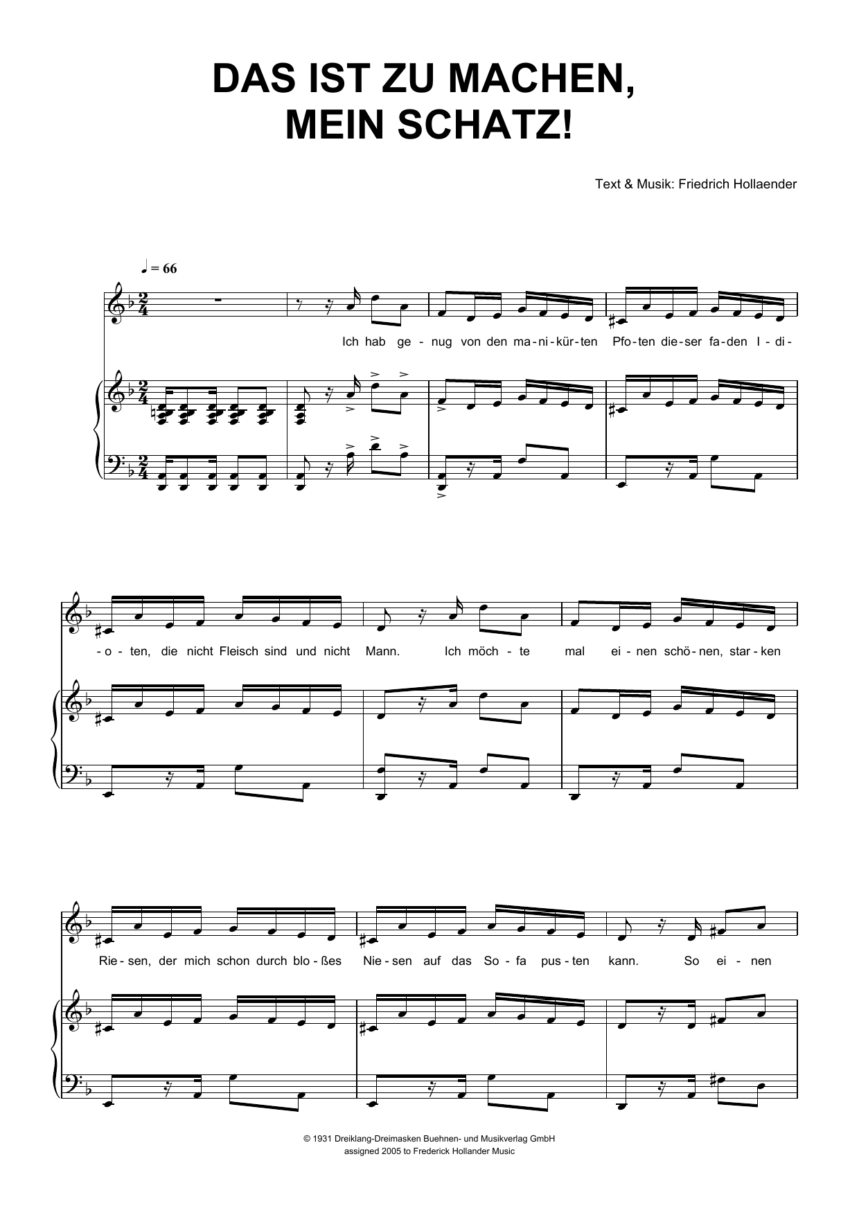 Friedrich Hollaender Das Ist Zu Machen, Mein Schatz! sheet music notes and chords arranged for Piano & Vocal