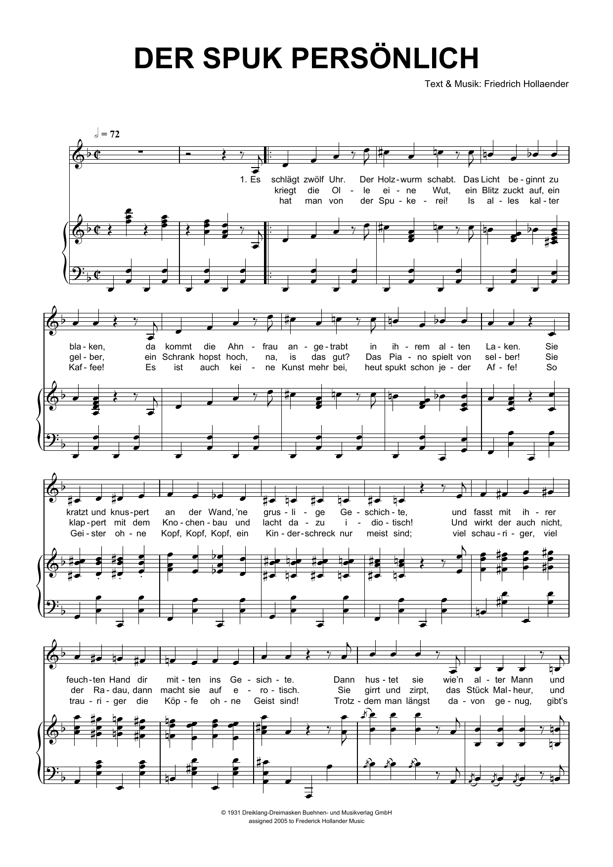 Friedrich Hollaender Der Spuk Personlich sheet music notes and chords arranged for Piano & Vocal