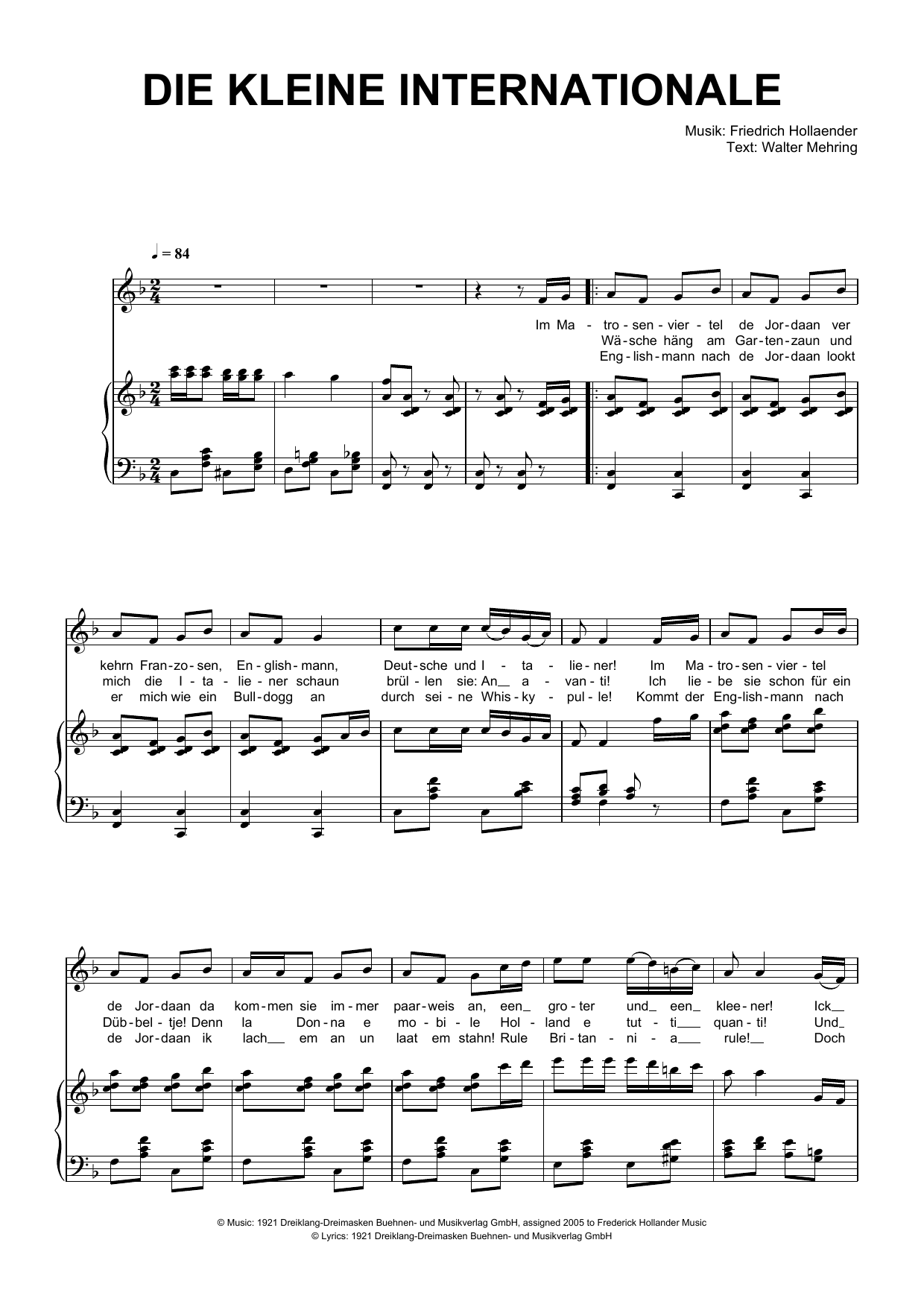 Friedrich Hollaender Die Kleine Internationale sheet music notes and chords arranged for Piano & Vocal
