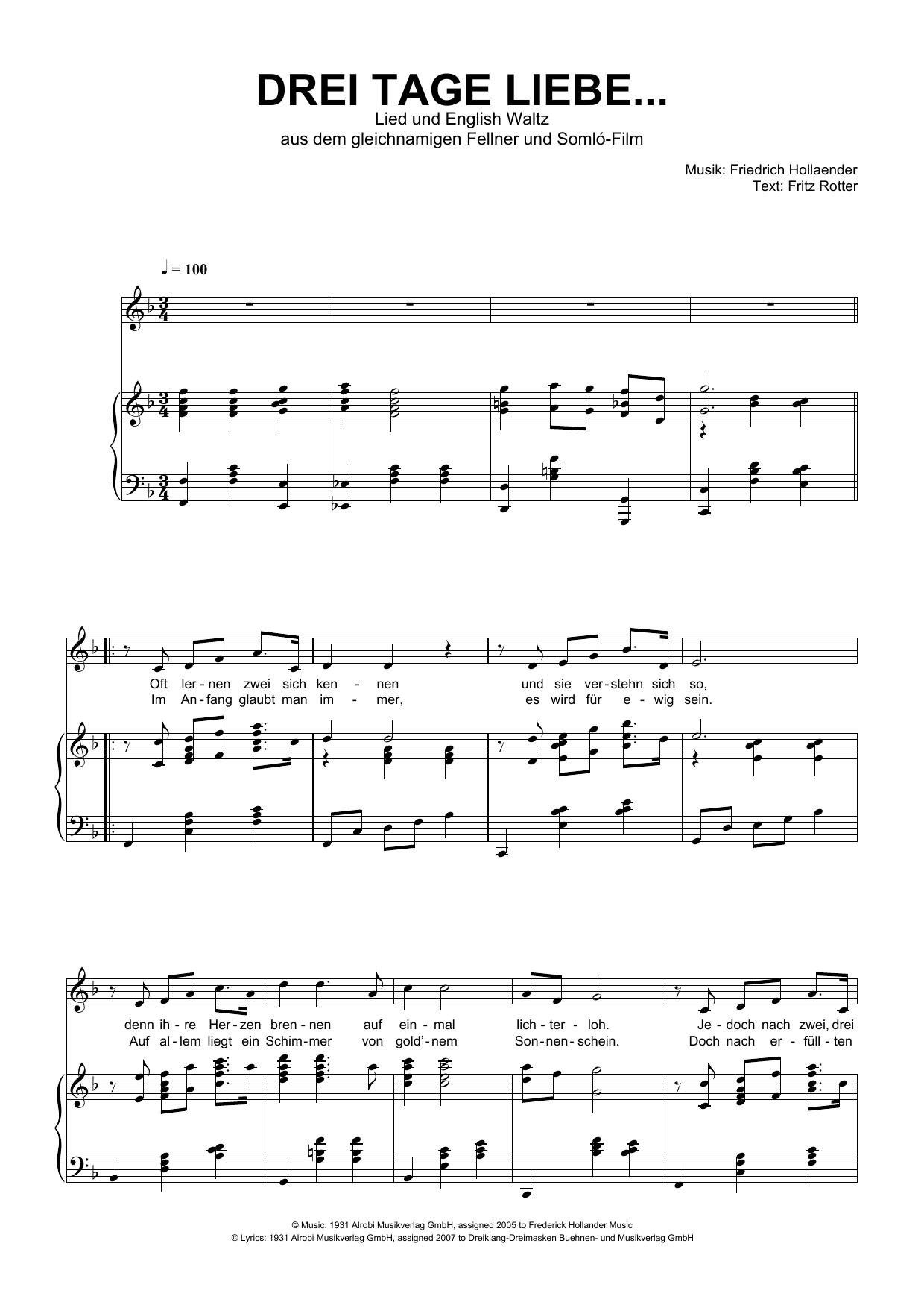 Friedrich Hollaender Drei Tage Liebe sheet music notes and chords arranged for Piano & Vocal