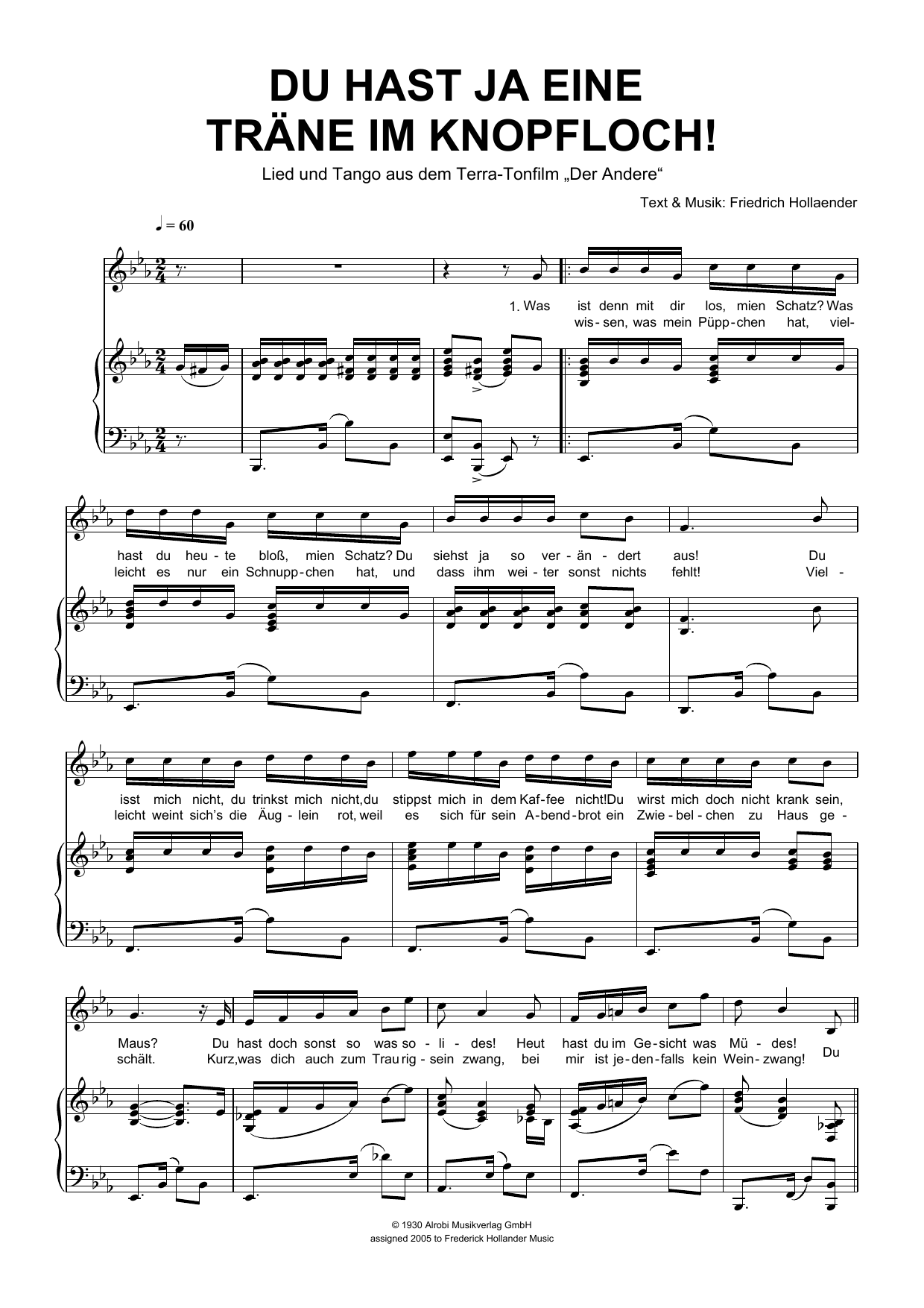 Friedrich Hollaender Du Hast Ja Eine Trane Im Knopfloch! sheet music notes and chords arranged for Piano & Vocal