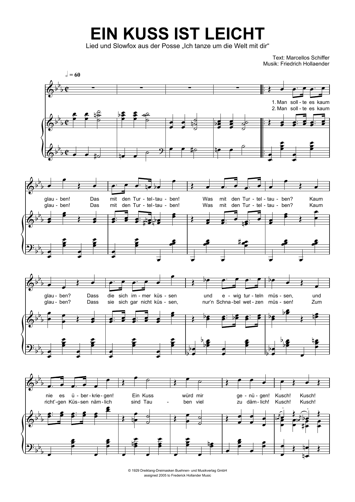 Friedrich Hollaender Ein Kuss Ist Leicht sheet music notes and chords arranged for Piano & Vocal