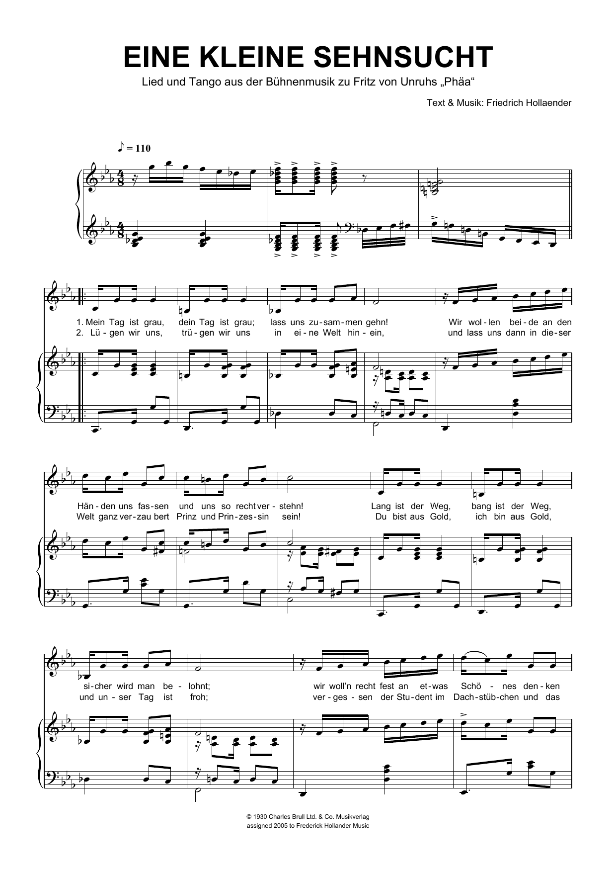 Friedrich Hollaender Eine Kleine Sehnsucht sheet music notes and chords arranged for Piano & Vocal