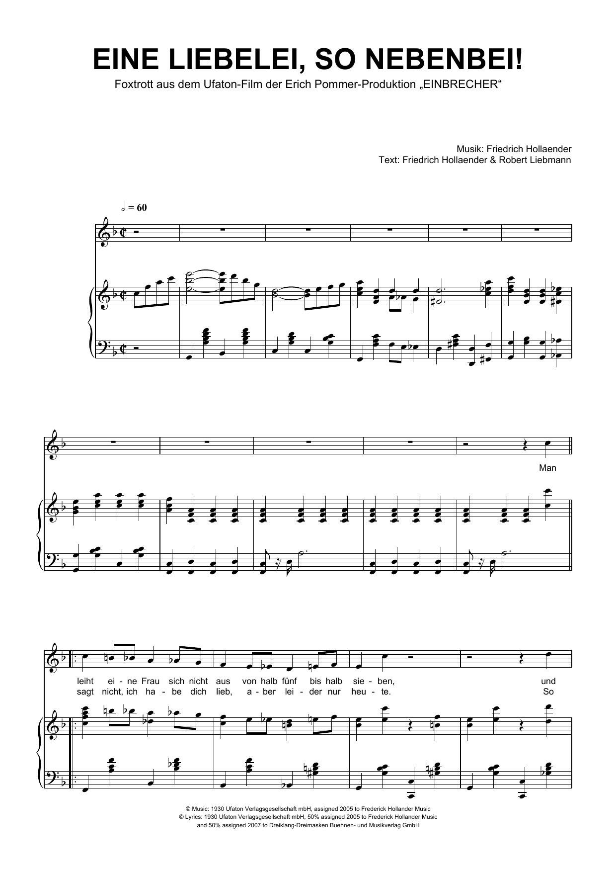 Friedrich Hollaender Eine Liebelei, So Nebenbei! sheet music notes and chords arranged for Piano & Vocal