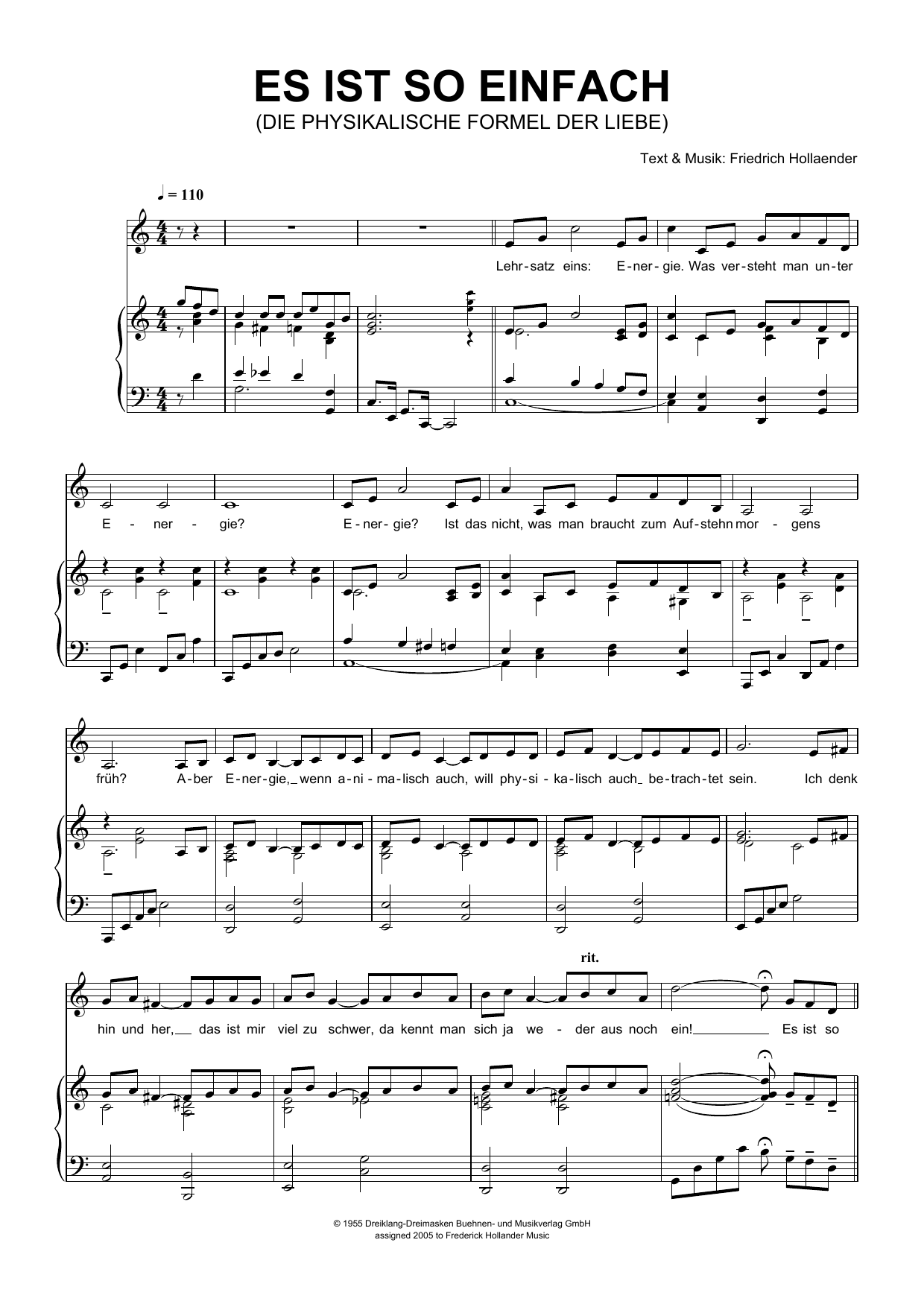 Friedrich Hollaender Es Ist So Einfach (Die Physikalische Formel Der Liebe) sheet music notes and chords arranged for Piano & Vocal