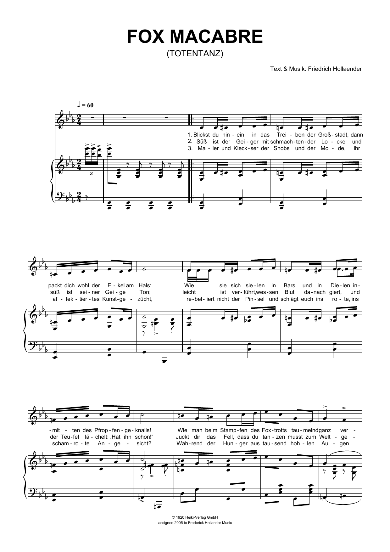 Friedrich Hollaender Fox Macabre (Totentanz) sheet music notes and chords arranged for Piano & Vocal
