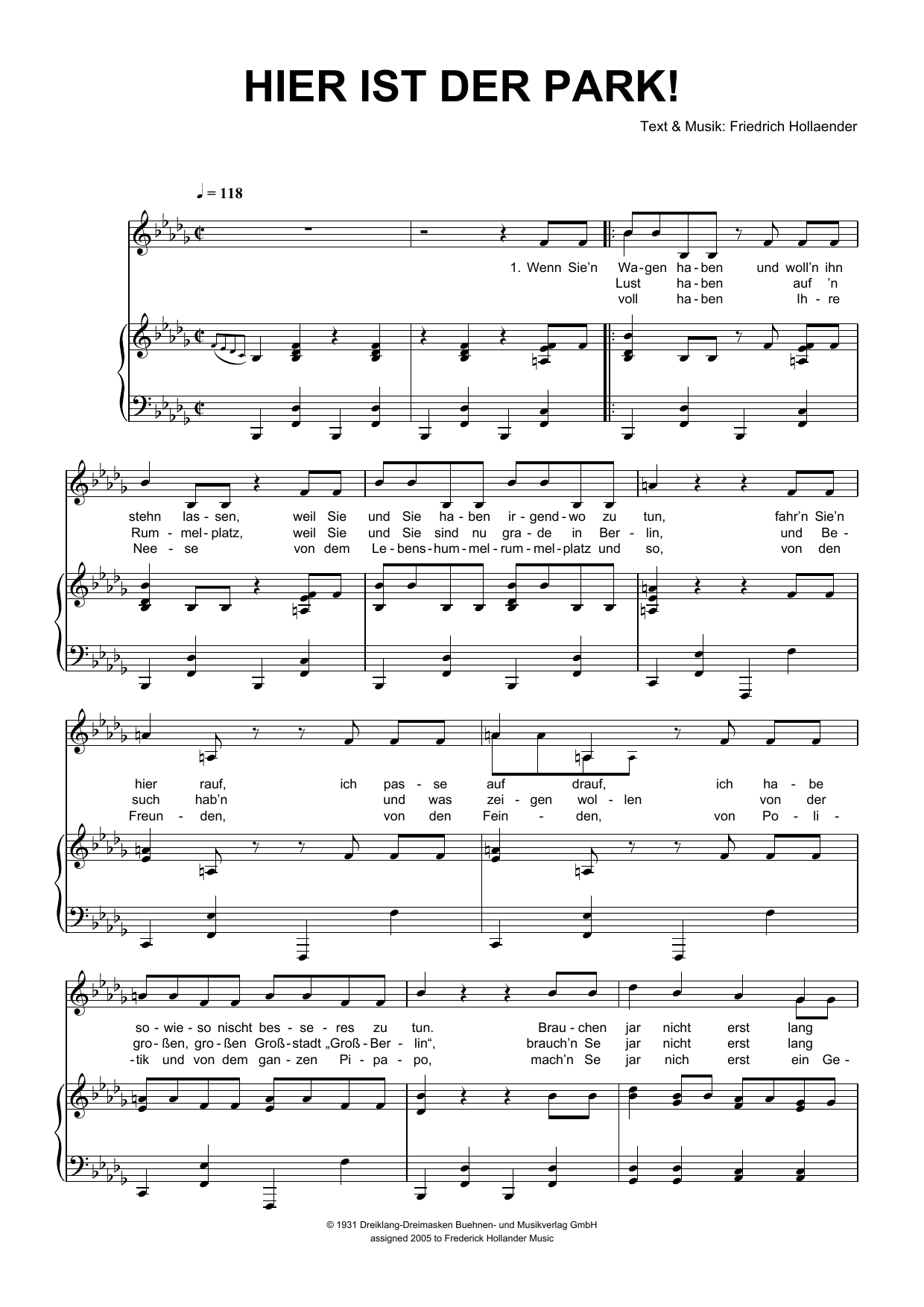 Friedrich Hollaender Hier Ist Der Park! sheet music notes and chords arranged for Piano & Vocal