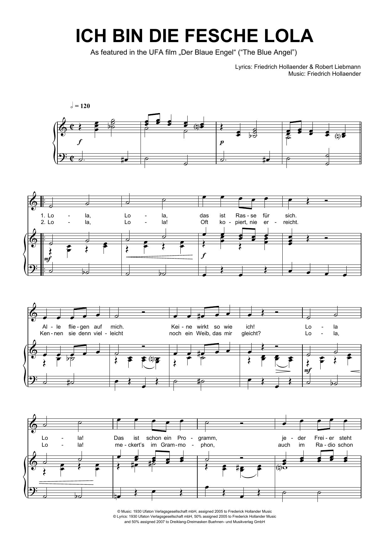 Friedrich Hollaender Ich Bin Die Fesche Lola sheet music notes and chords arranged for Piano & Vocal