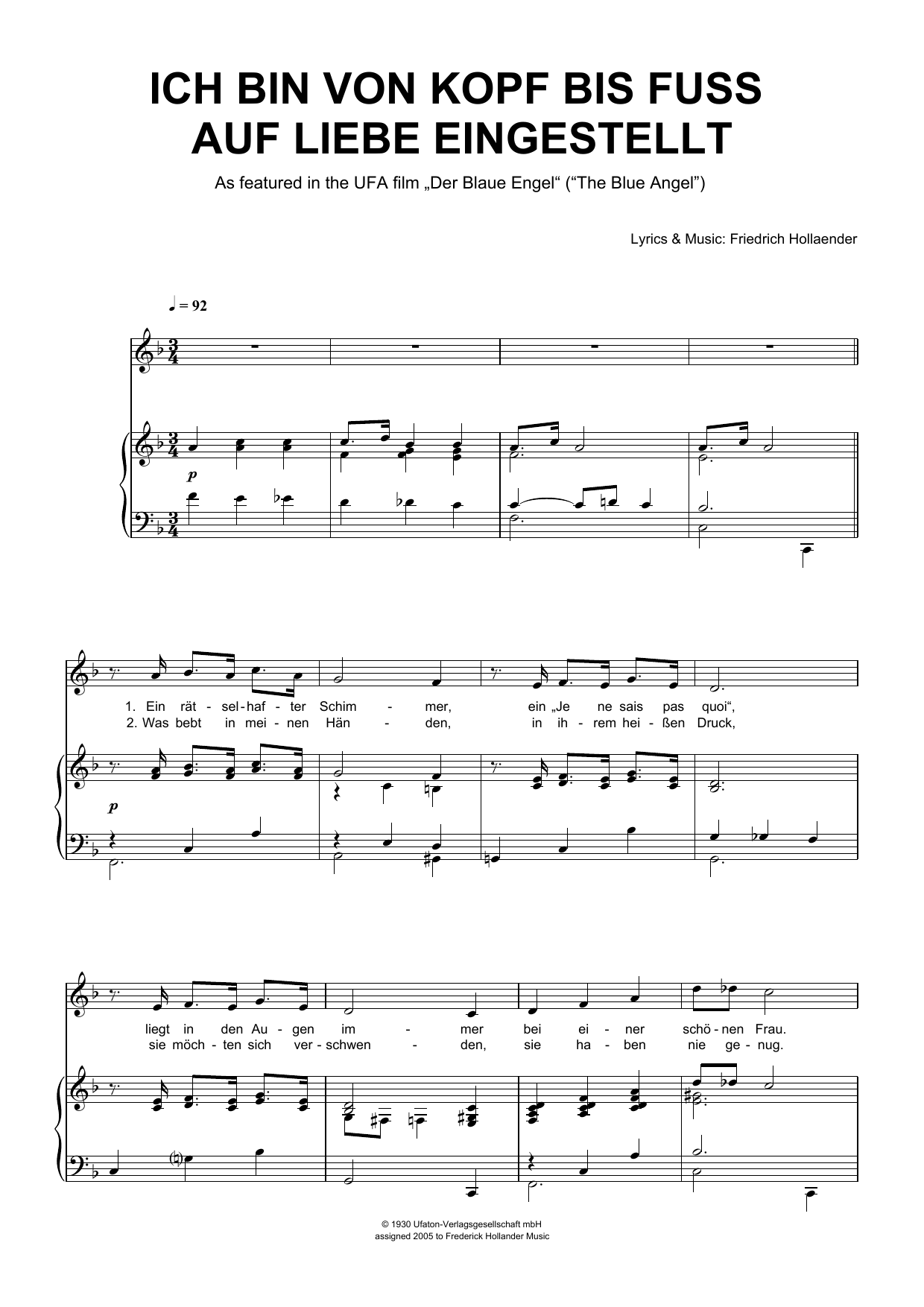 Friedrich Hollaender Ich Bin Von Kopf Bis Fuss Auf Liebe Eingestellt sheet music notes and chords arranged for Piano & Vocal