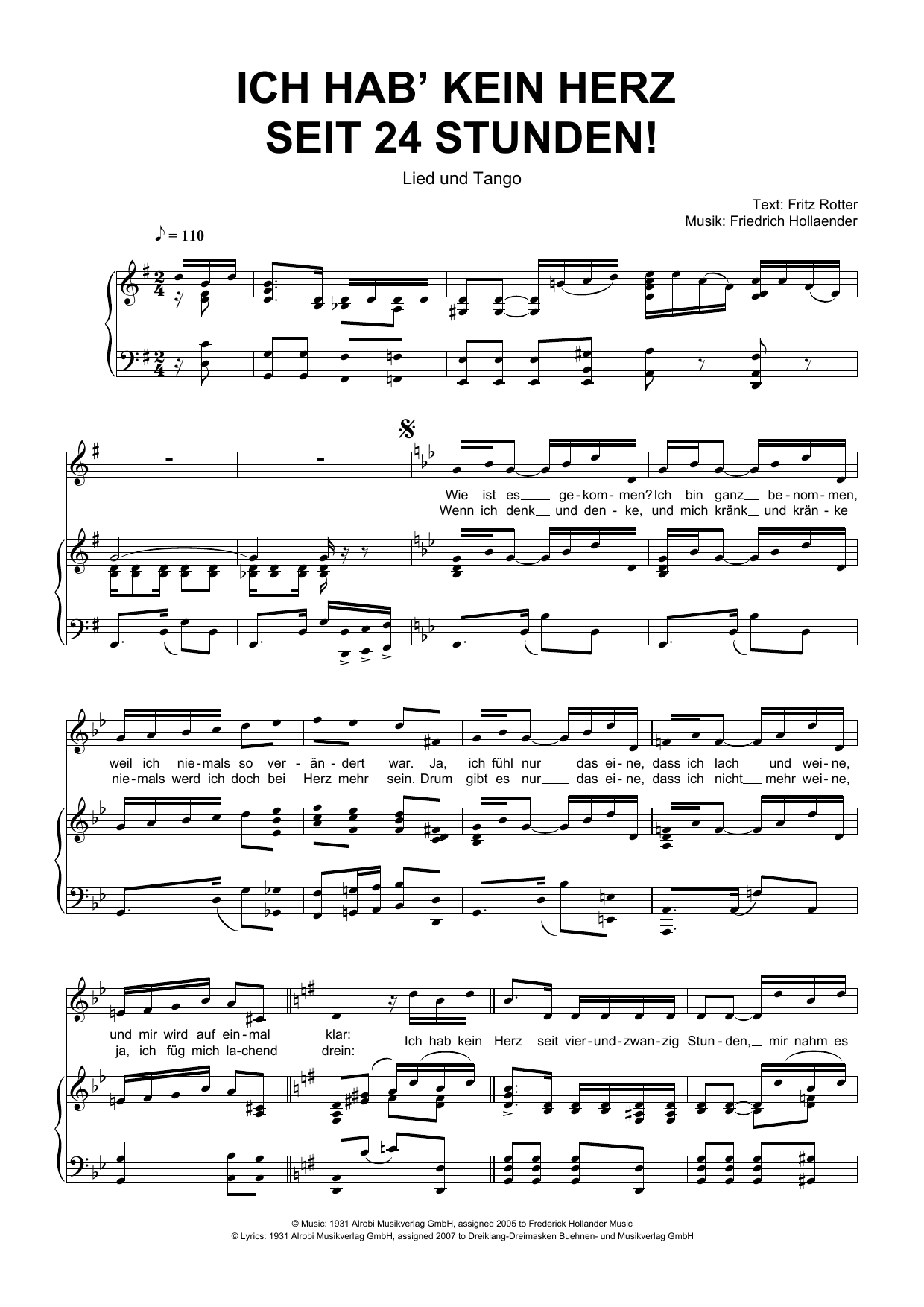 Friedrich Hollaender Ich Hab' Kein Herz Seit 24 Stunden! sheet music notes and chords arranged for Piano & Vocal