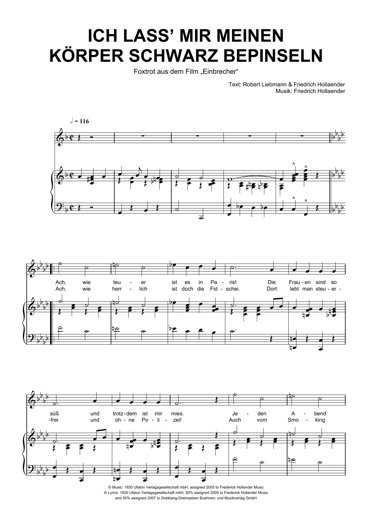 Friedrich Hollaender Ich Lass Mir Meinen Korper Schwarz Bepinseln sheet music notes and chords arranged for Piano & Vocal