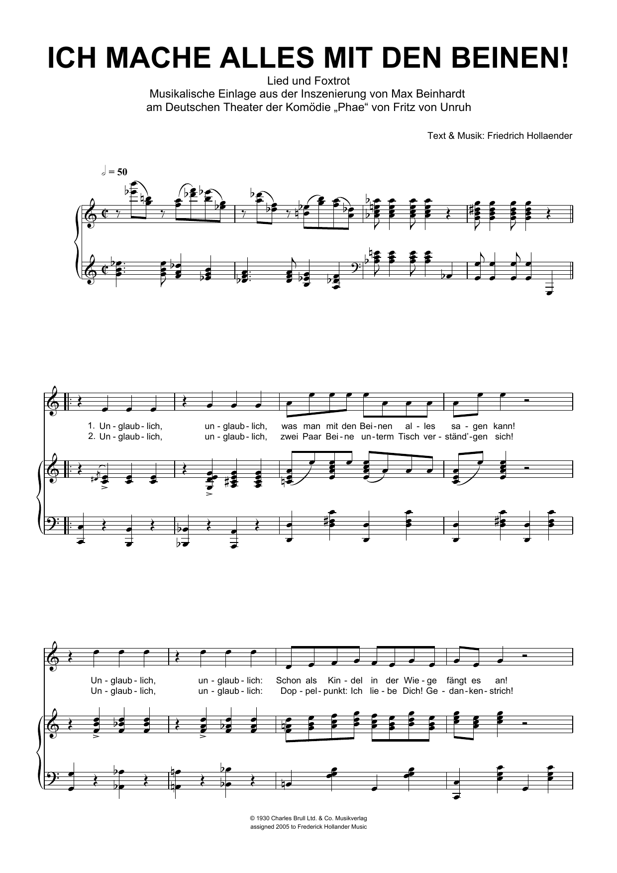 Friedrich Hollaender Ich Mache Alles Mit Den Beinen! sheet music notes and chords arranged for Piano & Vocal