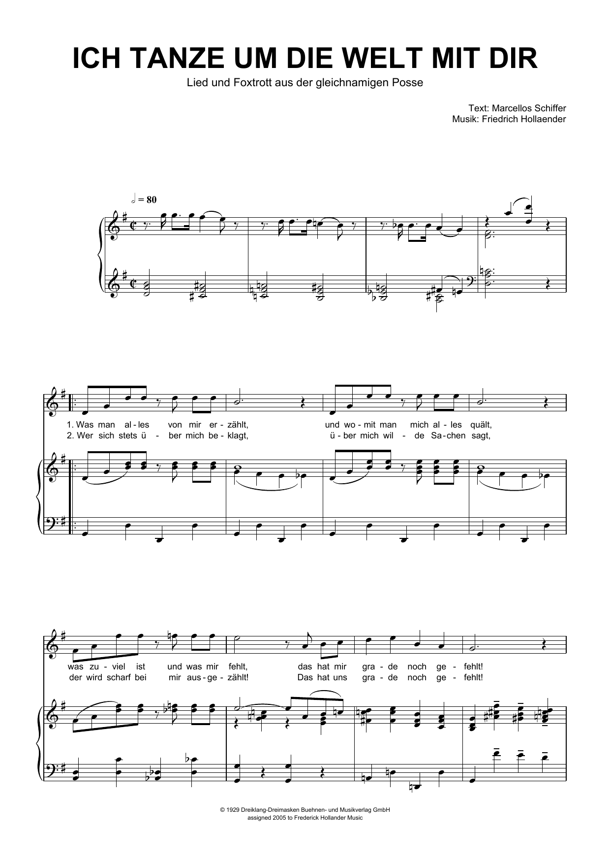 Friedrich Hollaender Ich Tanze Um Die Welt Mit Dir sheet music notes and chords arranged for Piano & Vocal