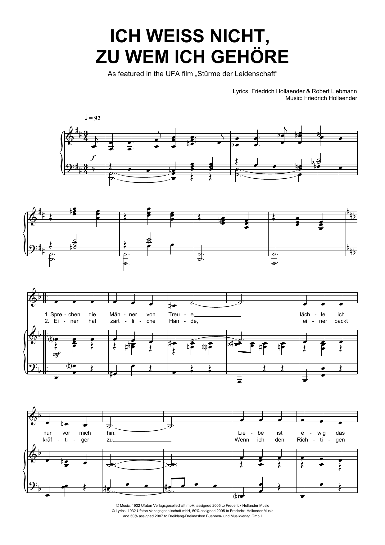 Friedrich Hollaender Ich Weiss Nicht, Zu Wem Ich Gehore sheet music notes and chords arranged for Piano & Vocal