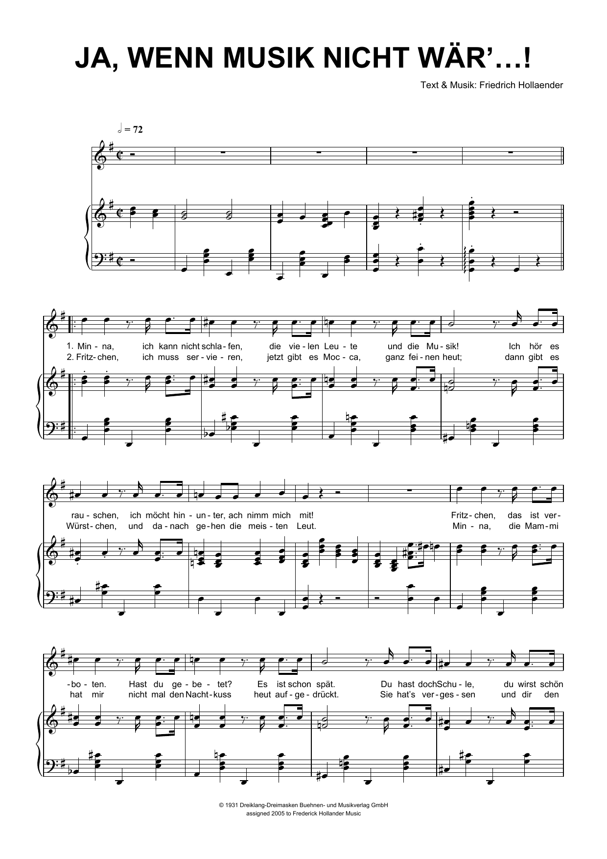 Friedrich Hollaender Ja, Wenn Die Musik Nicht War'...! sheet music notes and chords arranged for Piano & Vocal