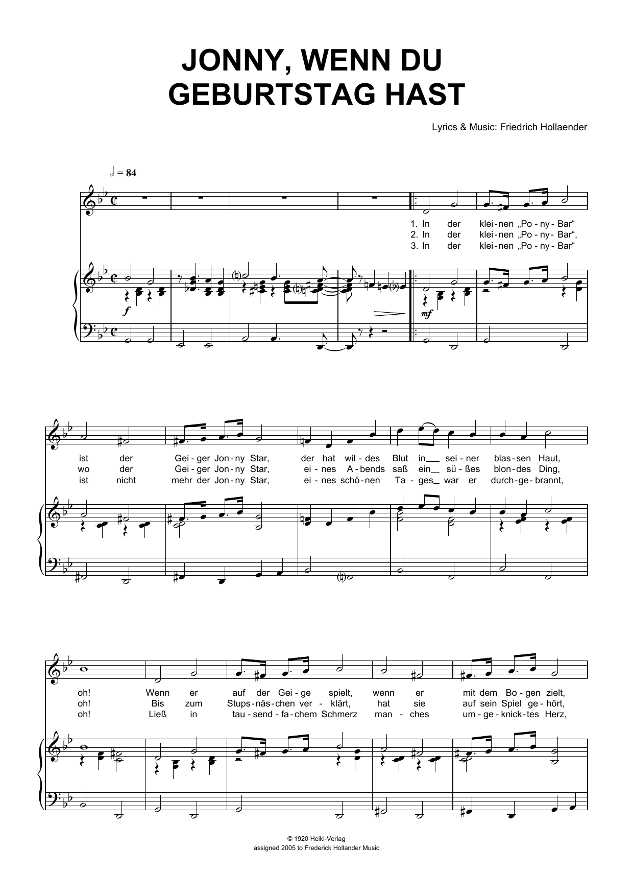 Friedrich Hollaender Jonny, Wenn Du Geburtstag Hast sheet music notes and chords arranged for Piano & Vocal