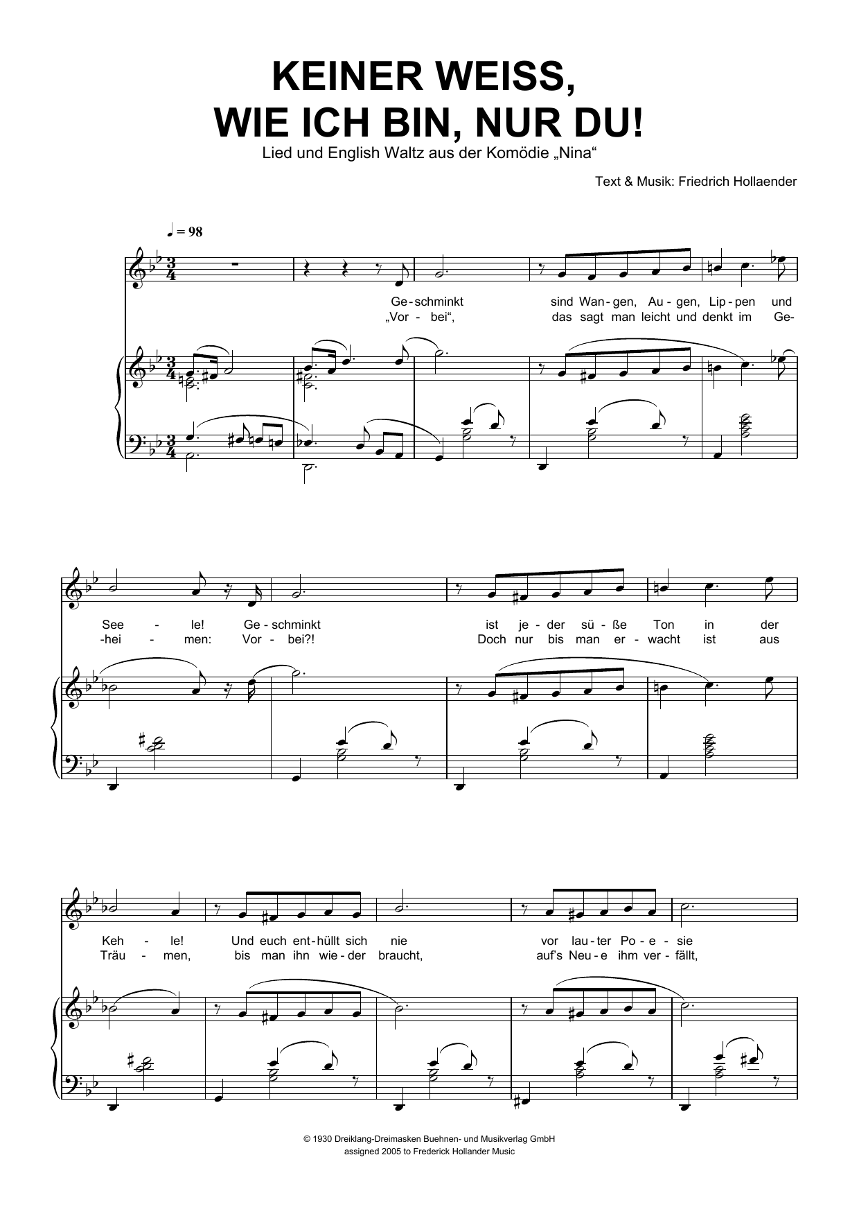 Friedrich Hollaender Keiner Weiss, Wie Ich Bin, Nur Du! sheet music notes and chords arranged for Piano & Vocal