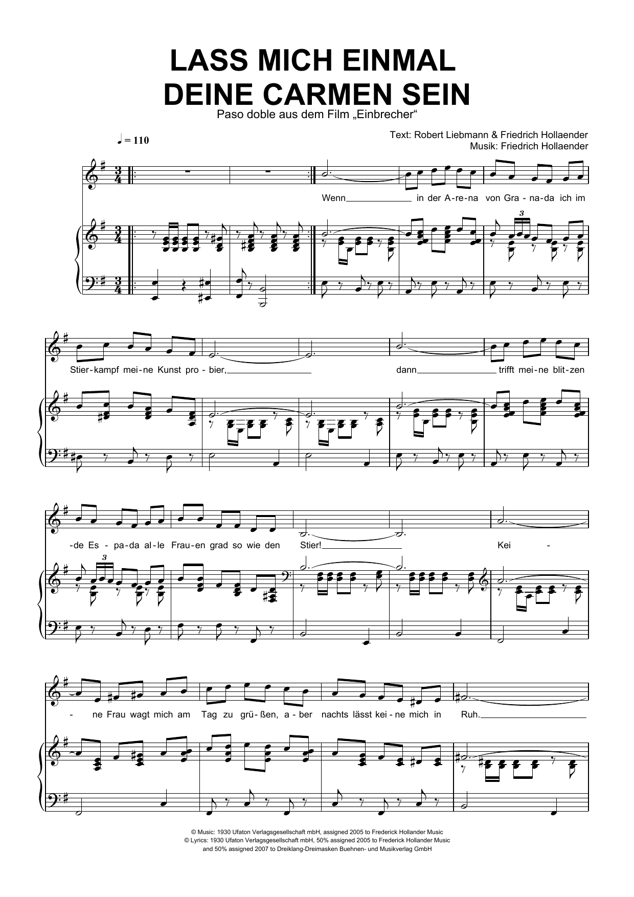 Friedrich Hollaender Lass Mich Einmal Deine Carmen Sein sheet music notes and chords arranged for Piano & Vocal