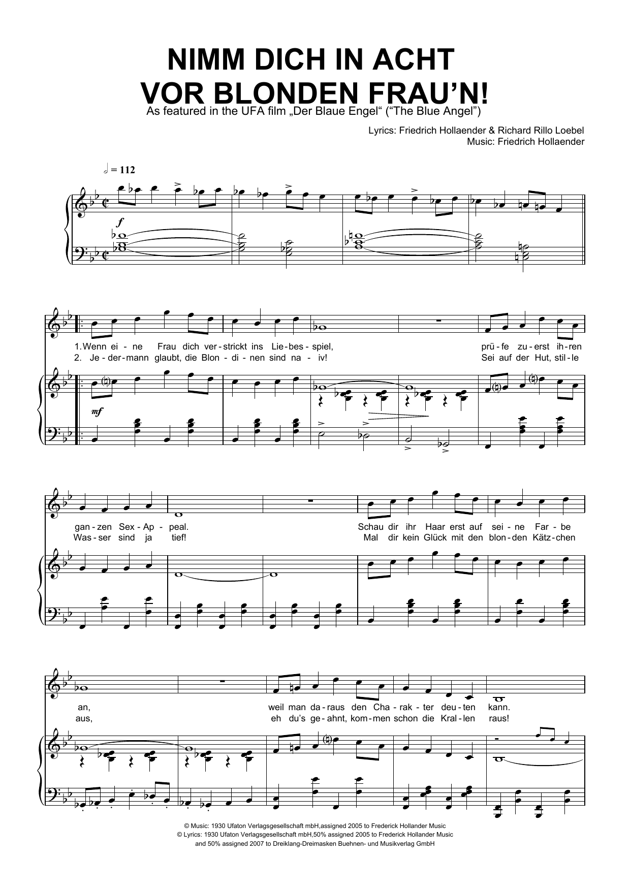 Friedrich Hollaender Nimm Dich In Acht Vor Blonden Frau'n! sheet music notes and chords arranged for Piano & Vocal