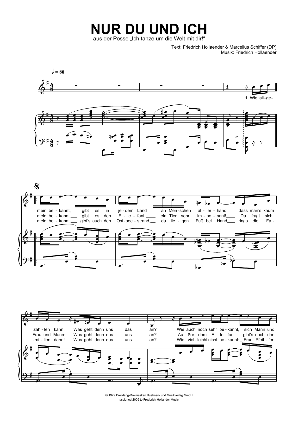 Friedrich Hollaender Nur Du Und Ich sheet music notes and chords arranged for Piano & Vocal