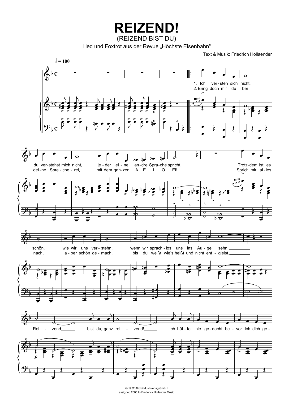 Friedrich Hollaender Reizend! (Reizend Bist Du) sheet music notes and chords arranged for Piano & Vocal