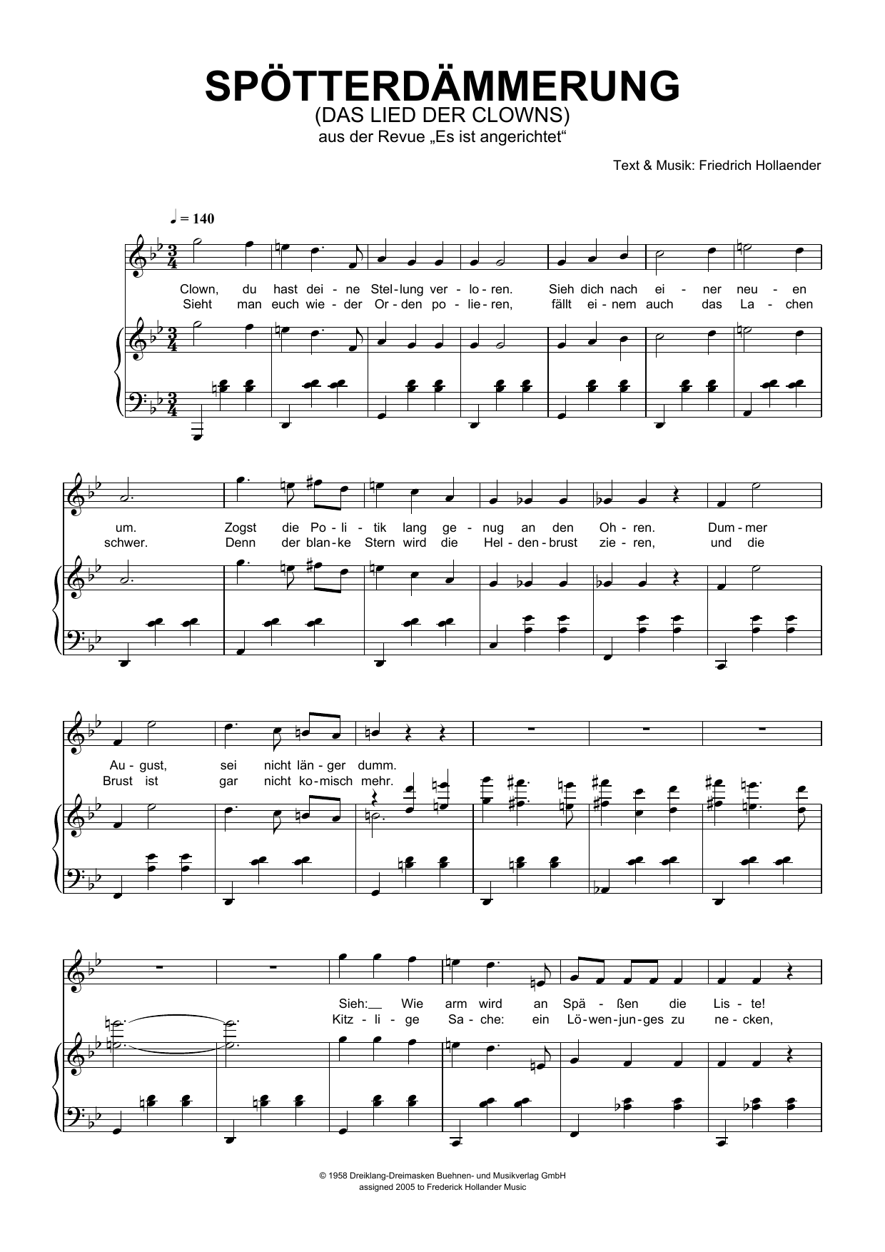 Friedrich Hollaender Spotterdammerung (Das Lied Der Clowns) sheet music notes and chords arranged for Piano & Vocal